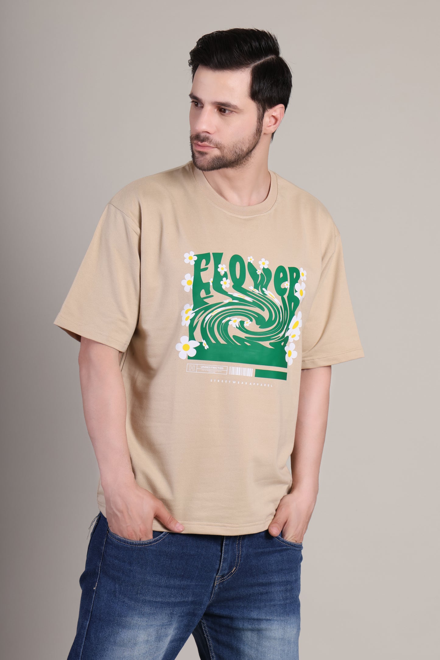 Premium High Quality Graphic Tee -- Beige Flower